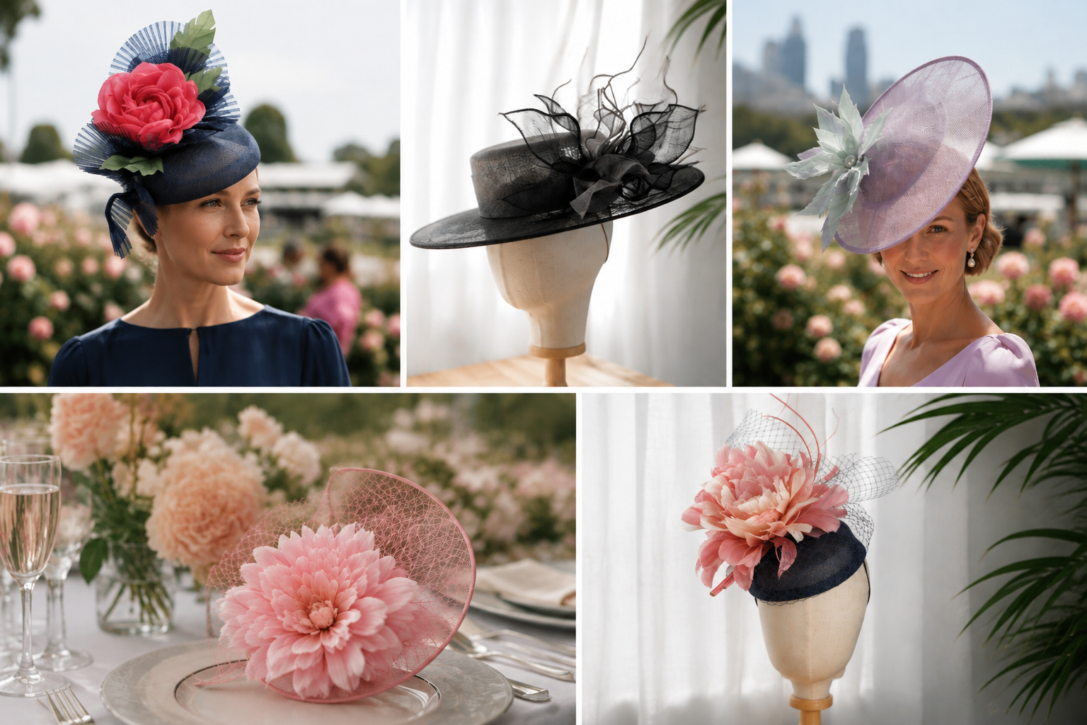 Melbourne Cup race day hats featuring handcrafted navy, lavender and pink millinery, styled in an elegant spring racing setting.