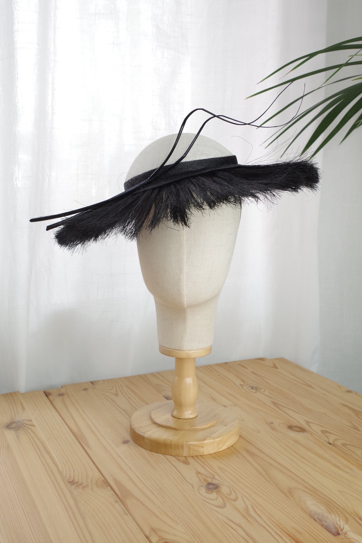 Ivory sinamay occasion hat with crin fringe and feather quills for weddings by MICHAETT