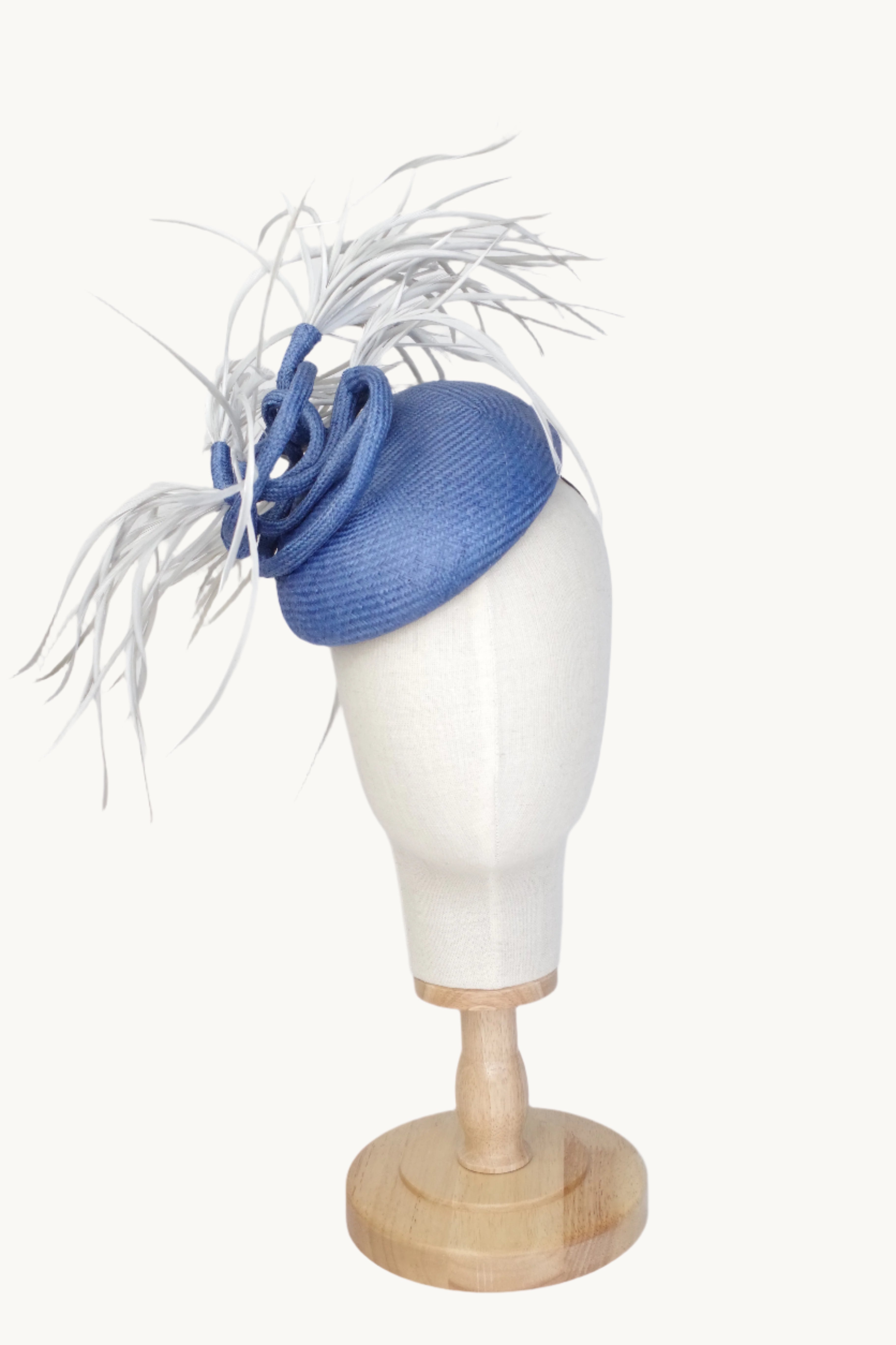 Blue Straw Fascinator with Light Grey Feathers