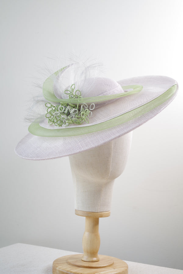 Silver Gray Wide-Brim Hat with Green Accents