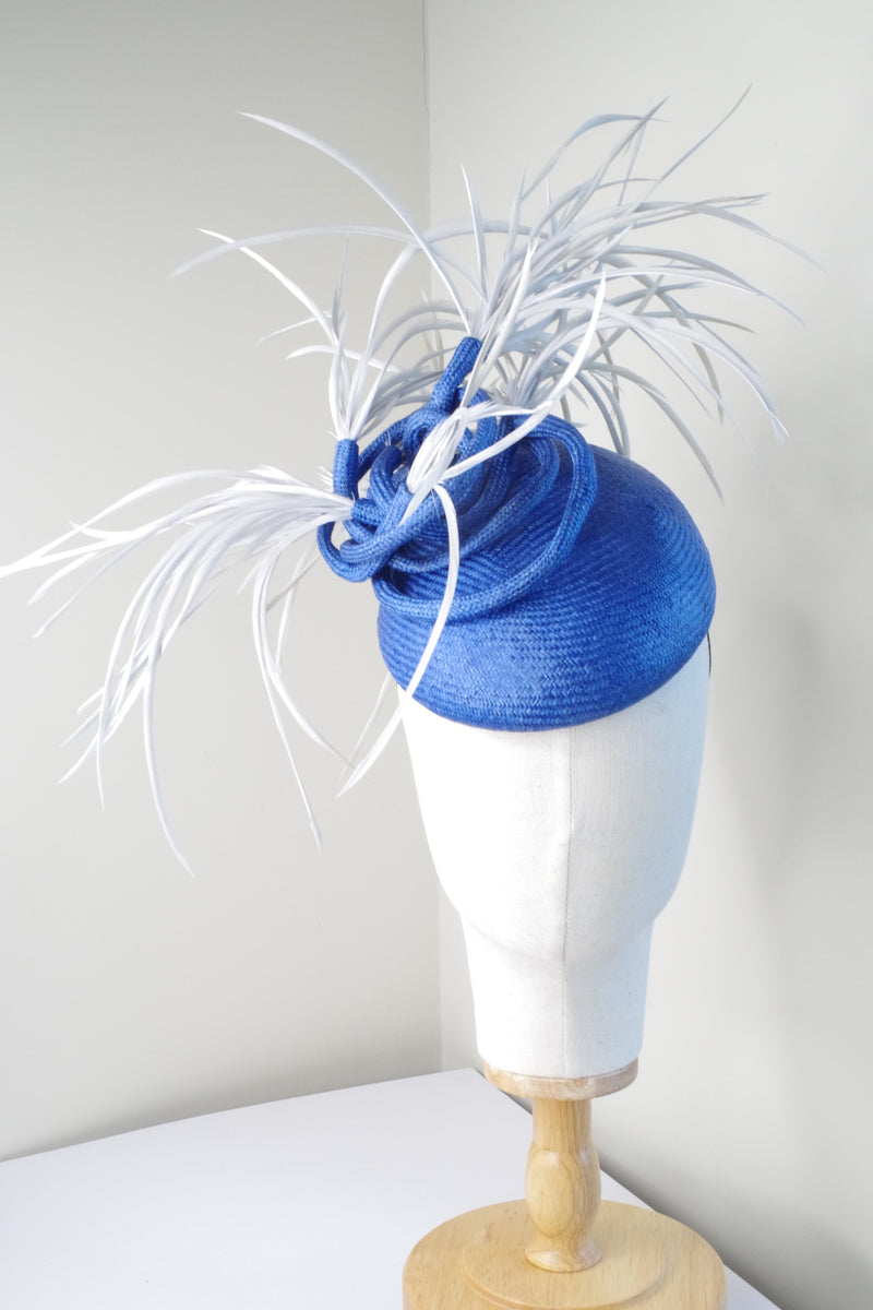 Blue Parasisal Straw Fascinator with Light Grey Feathers