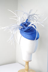 Blue Parasisal Straw Fascinator with Light Grey Feathers