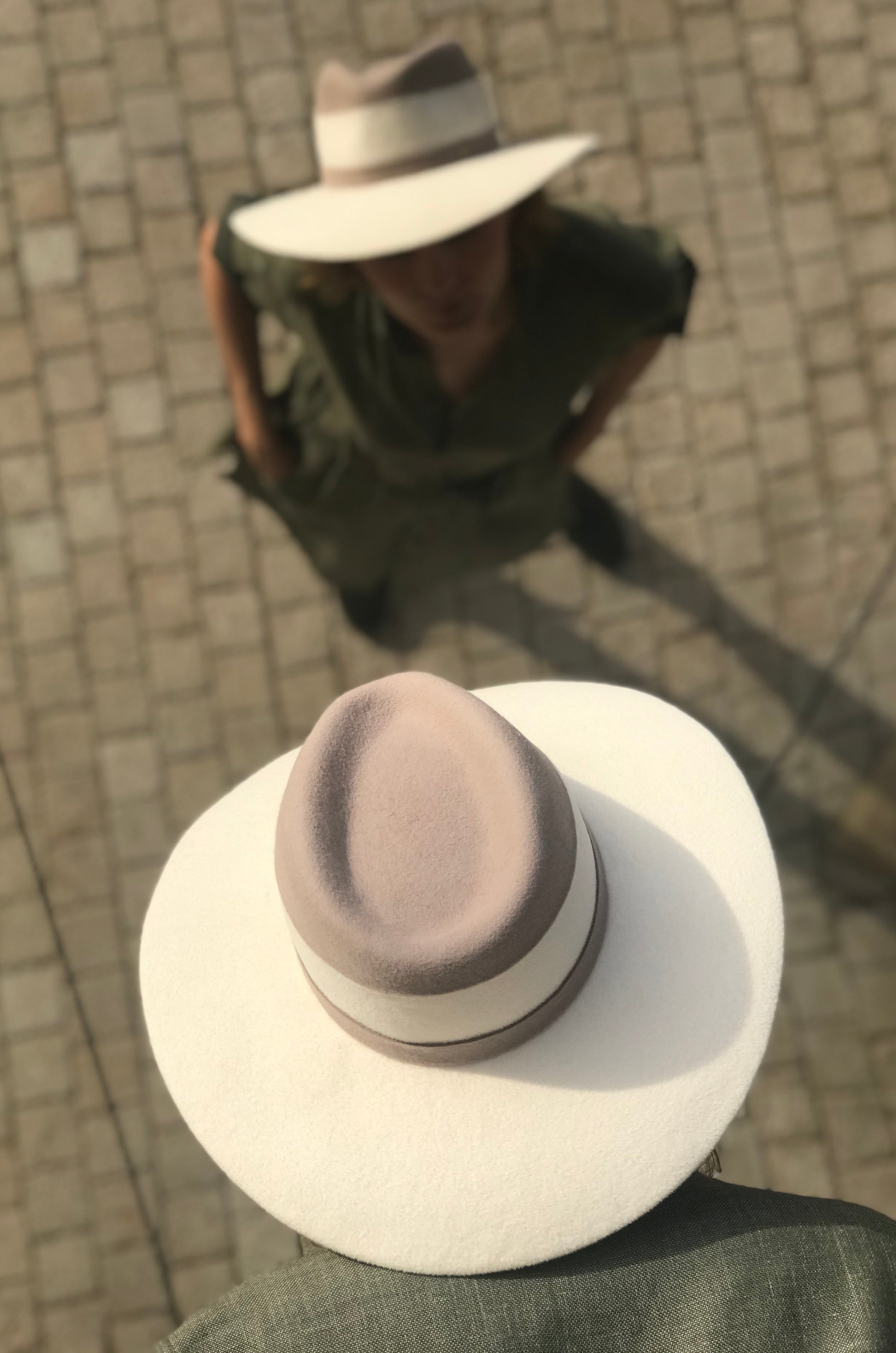 Top view of handcrafted ivory and taupe two-tone fur felt fedora by MICHAETT
